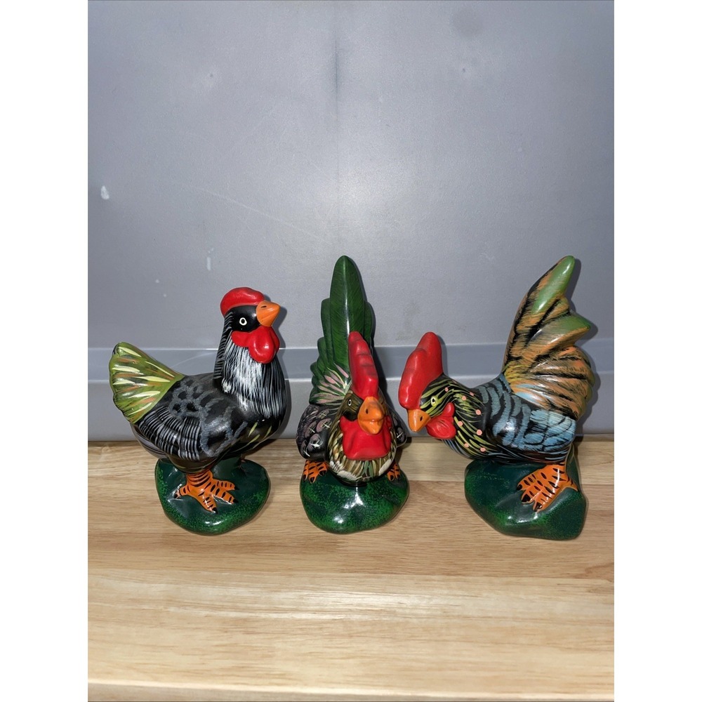 Vintage Hand Painted Ceramic Rooster and Hen Lot‎ X3 Figurines Farmhouse Country